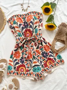 Women's Summer Colorful Folk Print Crop Top and Shorts Romper, Perfect for Beach, Music Festivals, Hippie Style, Boho, Parties, Dates, Afternoon Tea