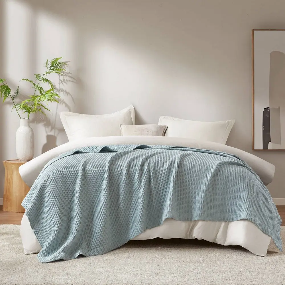 King Size Blanket, Plush Cotton, Waffle Weave Design, Aqua Blue