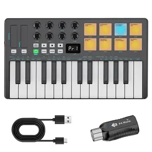 25 Key MIDI Keyboard Controller With 8 RGB Backlit Drum Pads, Portable USB MIDI Controller Keyboard, Chord Mode, Scale Mode, Drum Pads, Arpeggiator, Includes Music Creation Software, Black
