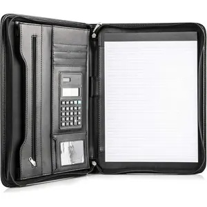 Black Superior Vegan Leather Business Portfolio with Zipper - Padfolio All-in-One. Smartest Protective 10.1 Inch Tablet Sleeve, Presentation Slot, Solar Calculator, Card Storage, Writing Pad
