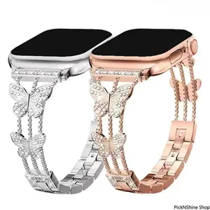 Butterfly Diamond Apple Watch Band, Stainless Steel Metal Bracelet Compatible with Series 7 to 10, Fits 38–49mm, Shiny Durable Smooth Adjustable for Daily and Formal Wear