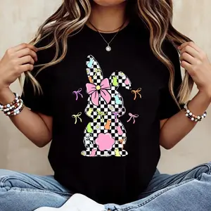 Women’s Cotton Casual Round Neck Short/Regular Sleeve Easter Bunny Checkered Print T-Shirt for Summer Wear, Machine Washable, Do Not Dry Clean, Made in USA