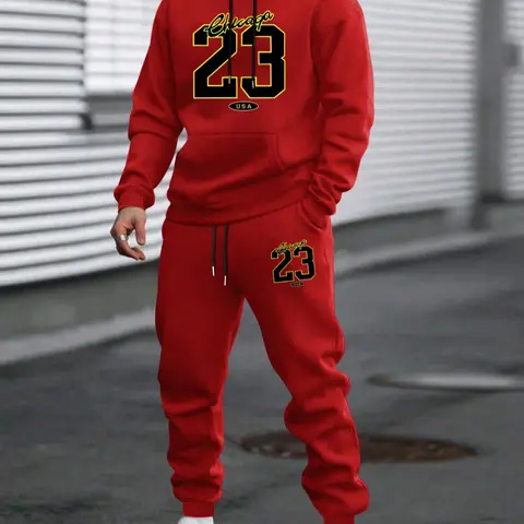 Men's Plush Hoodie & Drawstring Waist Sweatpants Two-Piece Set, Casual Streetwear Relaxed Lounge Set, Men's Spring & Fall Clothes