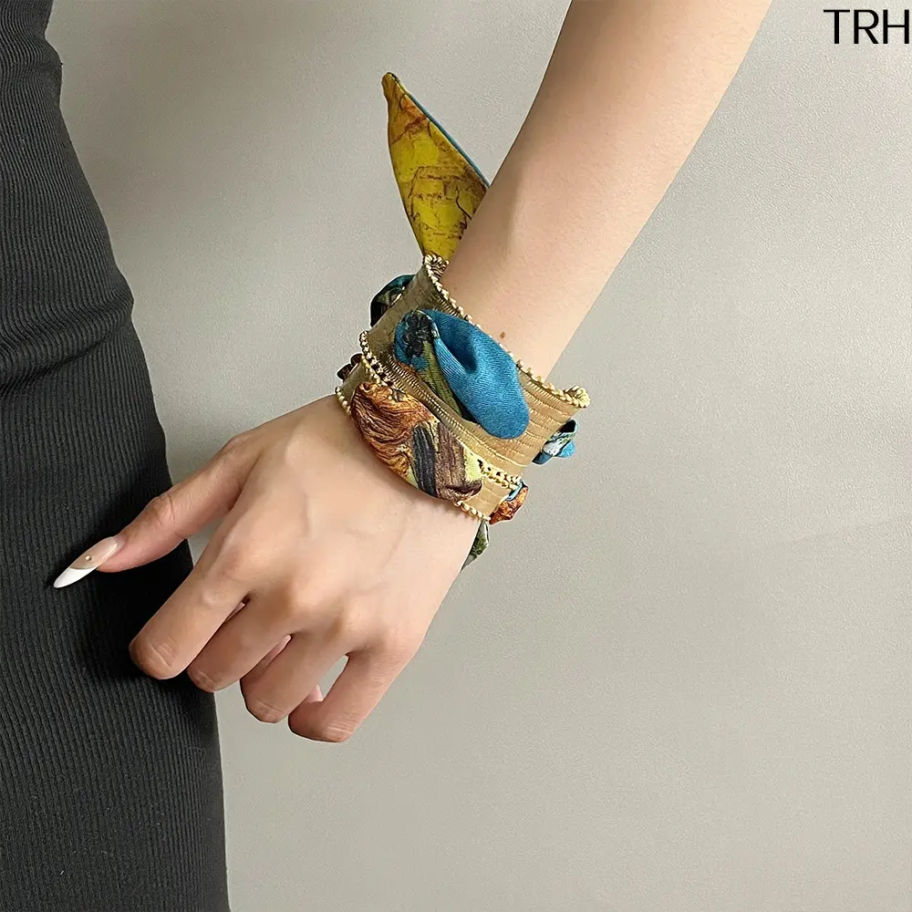 Vintage Silk Scarf Cuff Bracelets for Women, Matte Gold Open Bangle with Art Painting Scarf, Boho Chic Layered Wrist Jewelry, Unique Designer Statement Accessory for Daily Outfit Party Gift