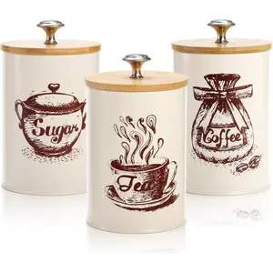 Small Canister Sets for Kitchen Counter, 25 Oz Coffee Sugar  Canister Set, Metal  Kitchen Container 3 Pack,  Storage Containers with  Lid, Farmhouse Decor, Beige