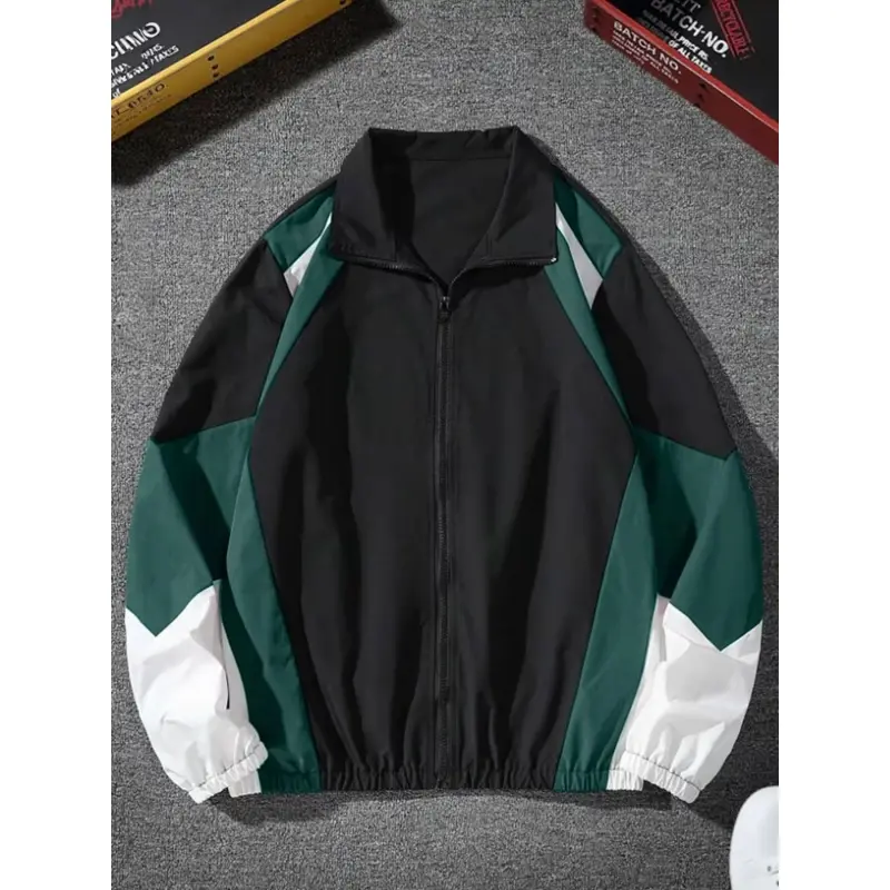 Men’s Color-Block Stand Collar Zip-Up Coat - Menswear Tops for Outdoor Walks, Daily Commuting, Stylish Basic Look Casual Layering Outerwear for Work