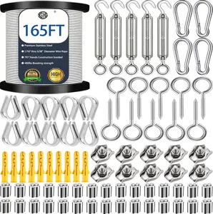 1/16 Wire Rope Kit,String Light Hanging Kit , Outdoor Light Guide Wire, 50M/165FT Vinyl Coated Stainless Steel  Wire for Outdoor,Garden,Kitchen,Craft with Turnbuckle (50M, 165FT, 80)