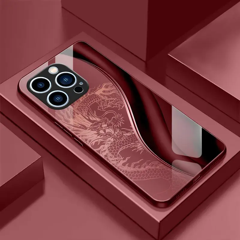 Premium Embossed Dragon Design Mirror Finish Tempered Glass TPU Phone Case - Ultra Thin, Shockproof, Shatterproof, Drop-Safe TPU Casing for iPhone 11+ Series, Protective Mobile Phone Accessories