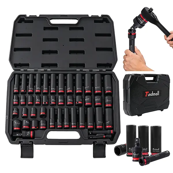 findmall 3/8" Drive Impact Socket Set, 43/49 PCS, 5/16"-3/4" & 8-19mm/8-22mm Combined Socket Set for Hand Tools