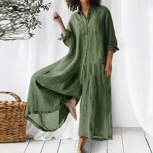 (New)Solid Color Casual Long-sleeved Medium and Long Cotton and Linen Shirt Jumpsuit Women