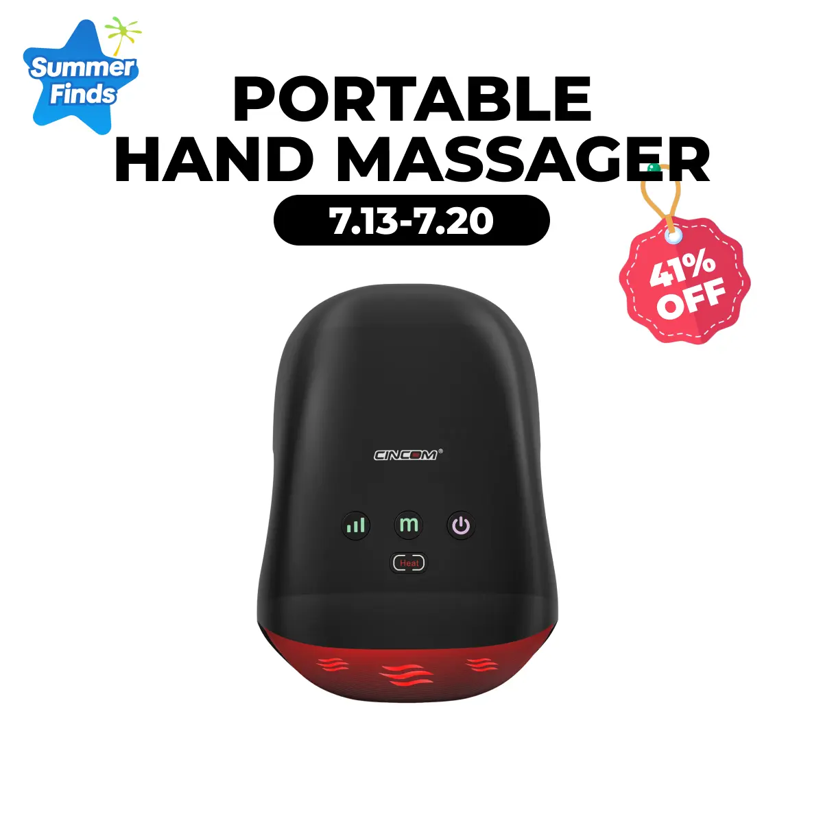 CINCOM Portable Hand Vibratory Massager (Black) - Cordless Rechargeable Battery-Powered Self-Care Device with Heat, Gentle Vibration, Adjustable Settings, Auto-Off, Ideal for Daily Relaxation & Gifting