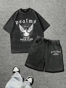 Men's Eagle Print Short Sleeve Tee & Drawstring Waist Shorts Pajama, Regular Fit Casual Comfy Round Neck T-Shirt & Shorts PJ Set, Casual Pajamas Outfit, Men's Sleepwear & Loungewear for Summer