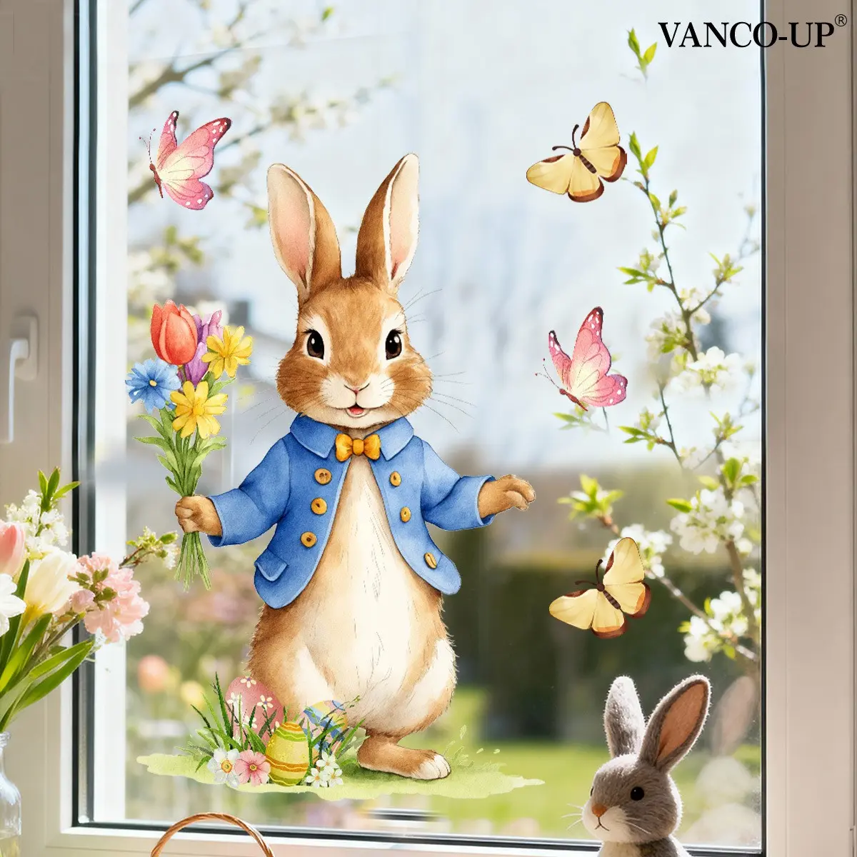 2D Easter Bunny Floral Window Decoration with Butterfly Design, Static Cling Glass Decor for Festive Celebrations and Gift Giving
