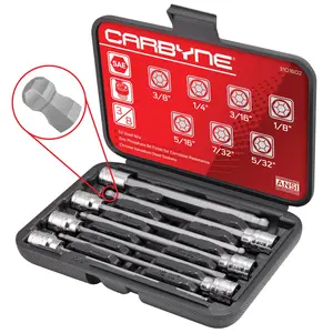 CARBYNE 7 Piece SAE Ball End Extra Long Hex (Allen) Bit Socket Set, (1/8 inch to 3/8 inch Sizes), 3/8" Drive, S2 Steel Bits, CrV Sockets • From a Family-Run Tool Company Based in the U.S.A.