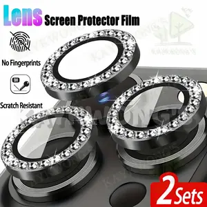 KAYKWONG'S 2 Set Diamond Assembly Tempered Glass Lens Protector Set for iPhone 17/16/15/14/13/12/11 Series, Metal Ring Design, Sparkling Crystal Accessories, Durable Phone Camera Protector