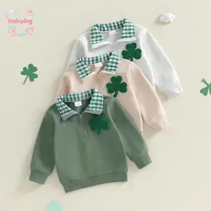 Toddler St. Patrick's Day Pullover Sweatshirt, Gray Long Sleeve Gingham Collar Shamrock Embroidered Top, Cute Holiday Casual Baby Clothes (1-4 Years)