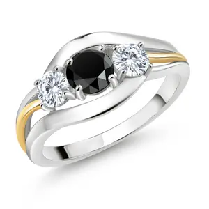 Gem Stone King 10K Yellow Gold & 925 Sterling Silver Round Gemstone Birthstone and White Moissanite 3-Stone Ring | Round 5MM and 4MM | Two-Tone Split-Shank Wedding Anniversary Promise for Women | Sizes 5-9