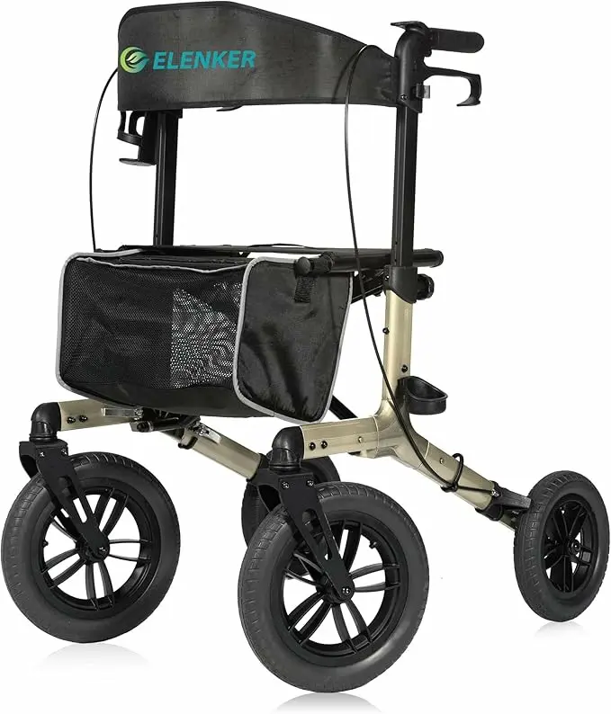 ELENKER All-Terrain Rollator Walker (KLD-9212, Champagne) - 12-inch Front Non-Pneumatic Rubber Wheels, 10-inch Rear Wheels, Portable, Breathable Mesh Seat, Wide Backrest, Compact Folding Design, Storage Bag, Cane Holder for Seniors, Outdoor Activities