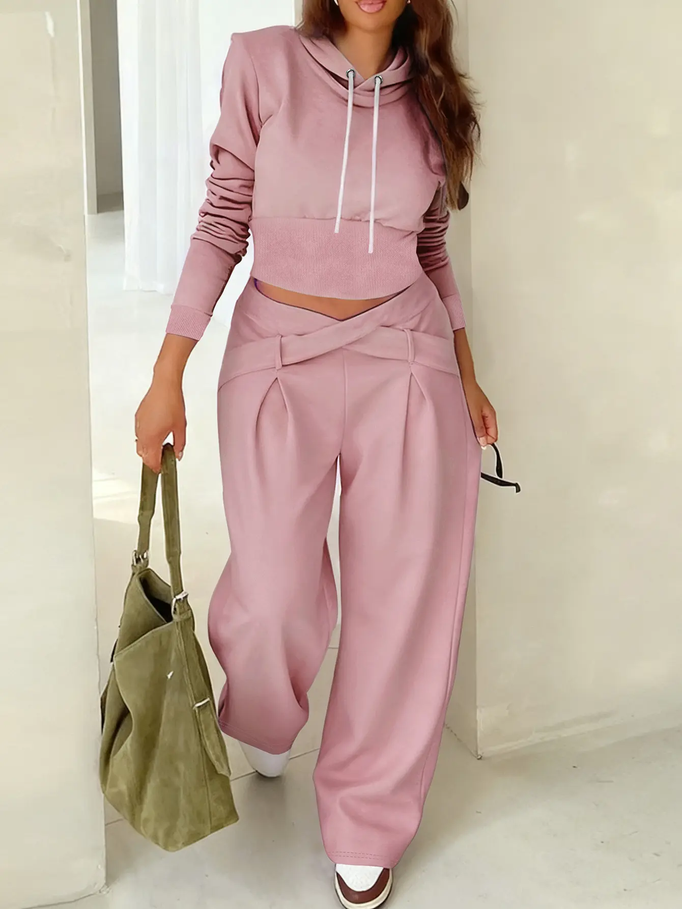 USBoutiqueCHIC Women’s Cropped Drawstring Hoodie & Cross Wrap High Waist Wide Leg Pants Two Piece Tracksuit | Soft Athleisure Lounge Set