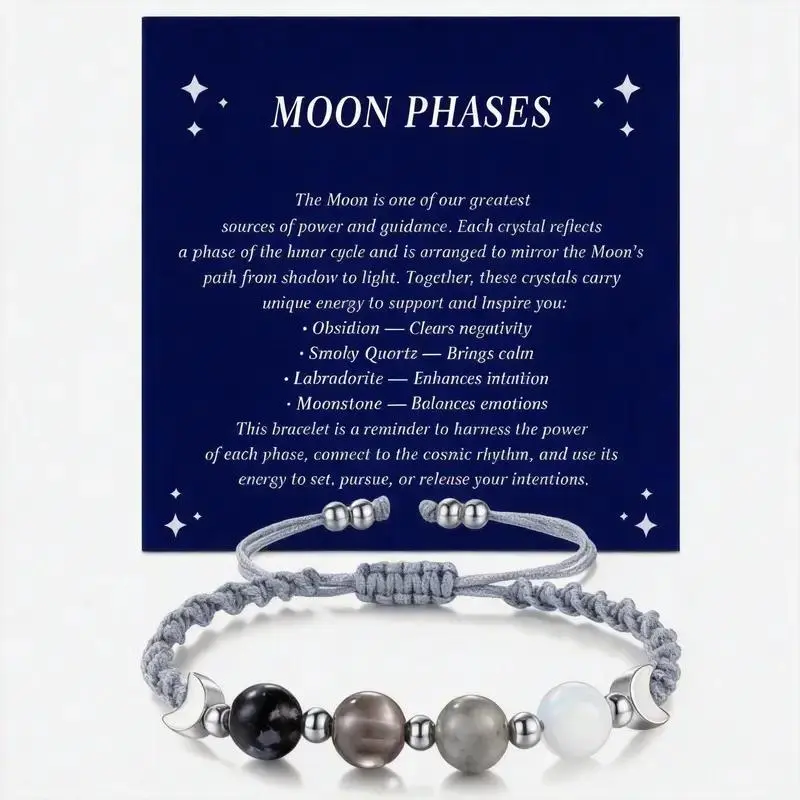 Witchy Natural Crystal Energy Bracelets - Unisex Spiritual Jewelry with Moonstone, Obsidian, Smoky Quartz, Labradorite, Dark Beads, Adjustable Soft Cord - Witchtok Everyday Wear for Negativity Clearing, Emotion Balancing