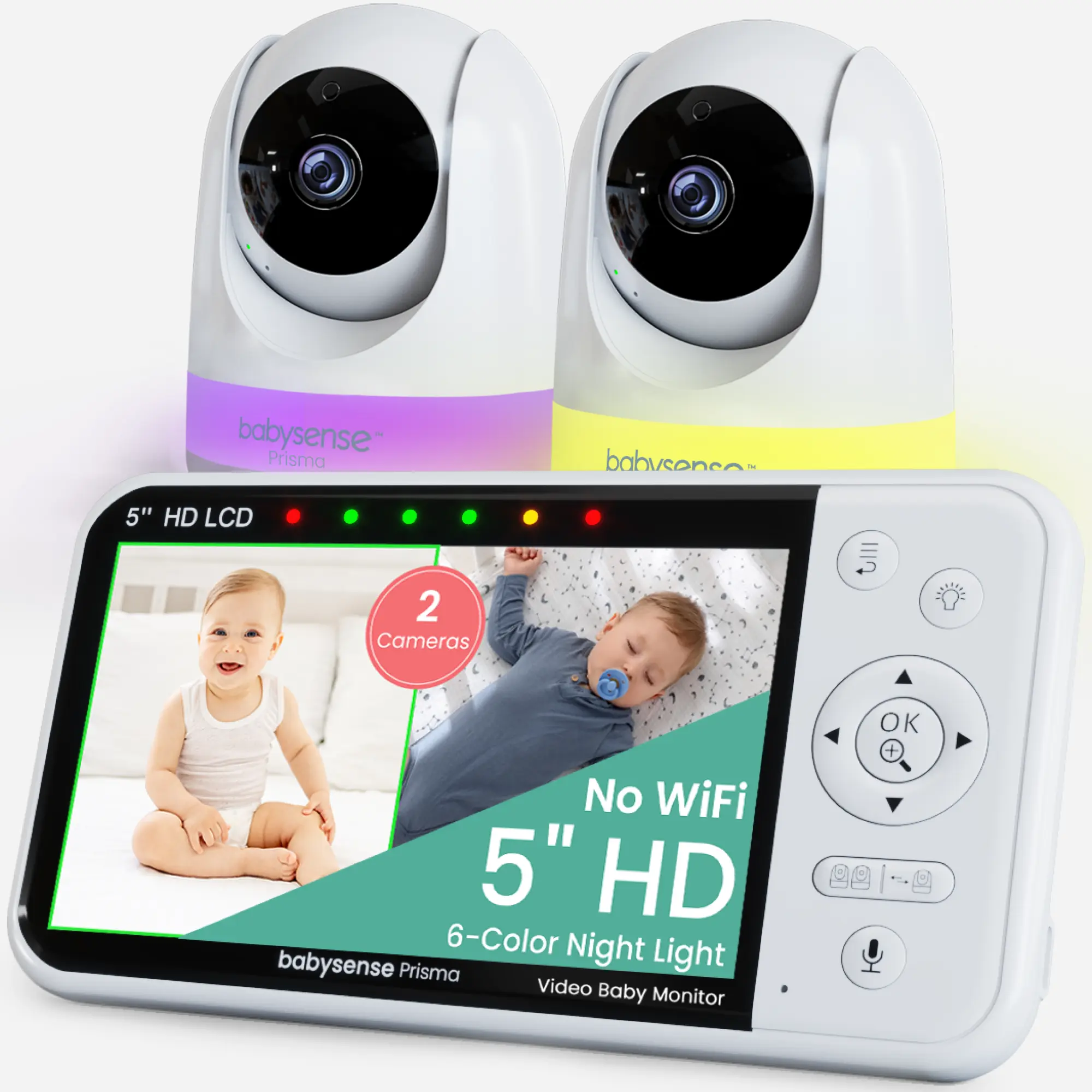 Babysense Prisma Non-Wifi Video Baby Monitor with 2 PTZ Cameras, Split Screen, Built-In High-Capacity Li-Ion Battery, Energy-Saving Eco Vox Mode, Customizable Night Light & Sound Machine - Baby Registry Essential