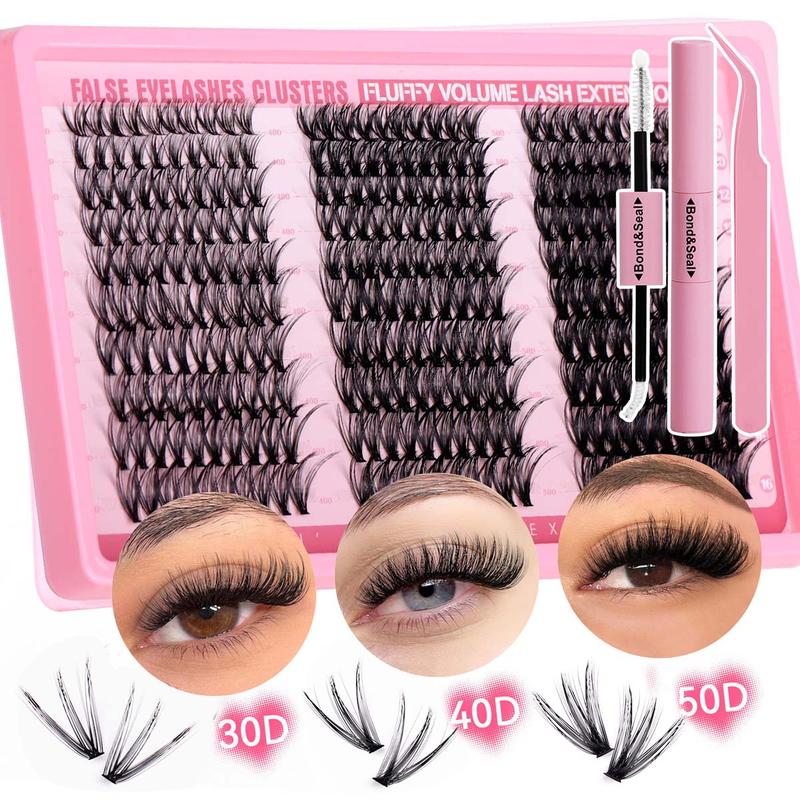 Complete DIY Eyelash Extension Kit – Individual Lashes Clusters with Bond, Seal & Tweezers, 10-16mm, D Curl, 30D/40D/50D Volume, Great for Beginners & Holiday Gift for Her