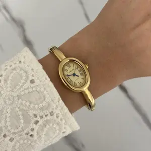 Women's Vintage Gold Minimalist Analog Quartz Metal Watch with Oval Stainless Steel Bracelet, Watches for Women, Includes Gift Bag