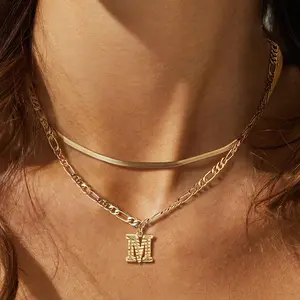 U7 Initial Herringbone Chain Two Layer Chain Necklace Set Letter Pendant Figaro Chain Herringbone Chain Paperclip Chain Choker Casual Necklace Stack Jewelry Black Friday Christmas Gift for Women Girls