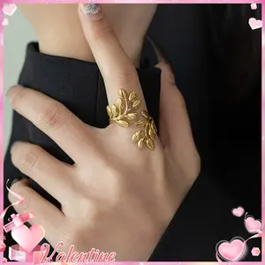 Adjustable Stainless Steel Forest Leaf Design Ring - Elegant and Luxurious Golden Natural Inspiration Jewelry for, Suitable for Daily Wear, Vacation, and Valentine's Day Gift, High-Quality Surface Finish, for Teenager