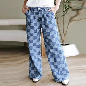 Personalized trend checkerboard printed jeans women's autumn high-waisted loose wide-leg pants women Womenswear Bottom