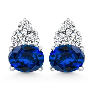 7Ct Blue Sapphire & Diamond Earrings White Gold Lab Grown Women's Earrings