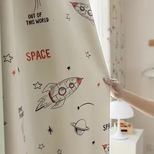 1pc Healing Space Cartoon Kids Curtain, Rocket Star Print, High Light Block, Cozy Atmosphere for Boy's Room Bedroom, Single Piece