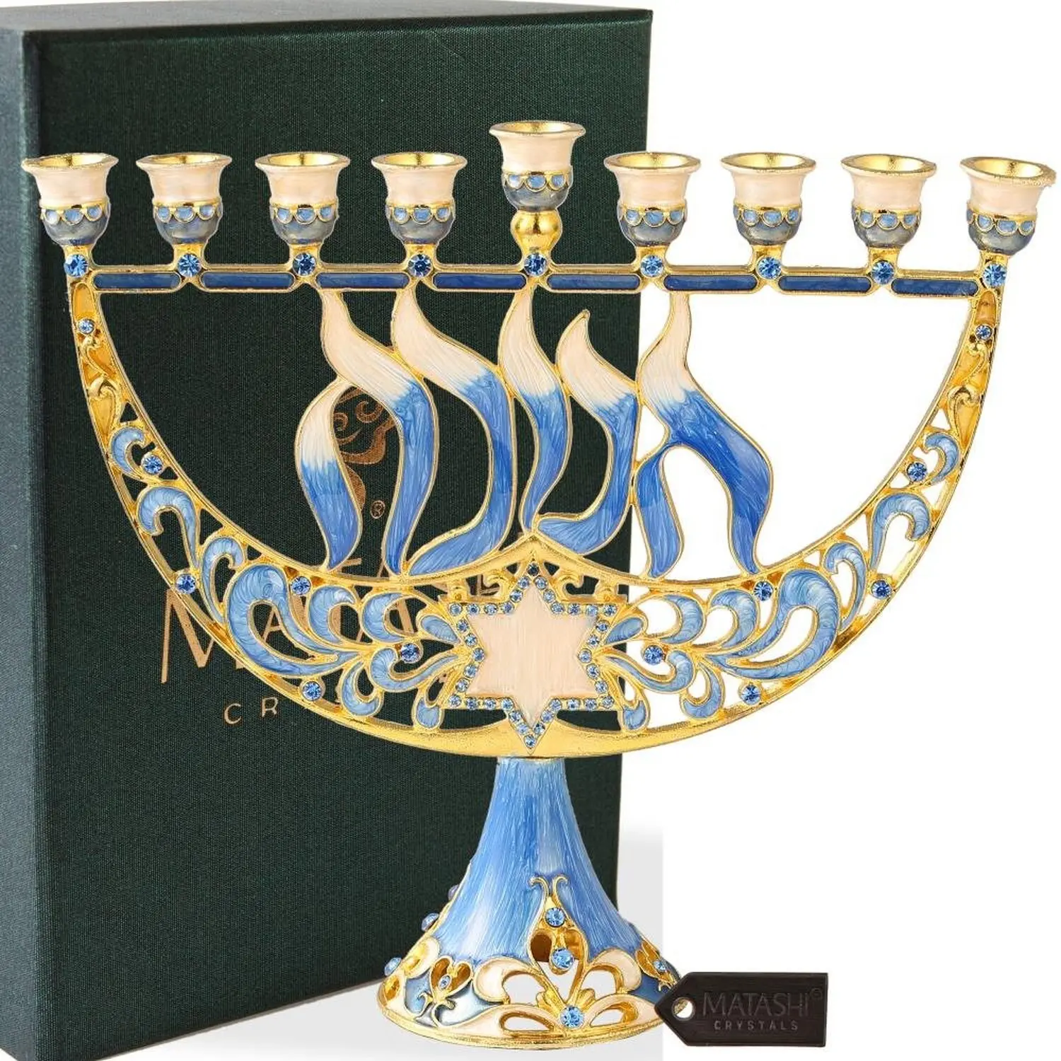 Matashi Hand Painted Enamel Menorah Candelabra with Star of David and Hanukkah Design, 2.5"L x 7.75"W x 7"H, Gold Accents & Crystals, Gift Ready