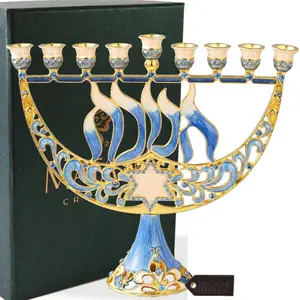 Matashi Hand Painted Enamel Menorah Candelabra with Star of David and Hanukkah Design, 2.5"L x 7.75"W x 7"H, Gold Accents & Crystals, Gift Ready