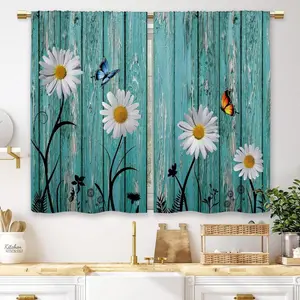 2pcs Farmhouse Floral Kitchen Curtains Daisy Rustic Vintage Flower Inspirational Small Short Cafe Window Curtains Wooden Country Bathroom Tier Window Treatment Drapes