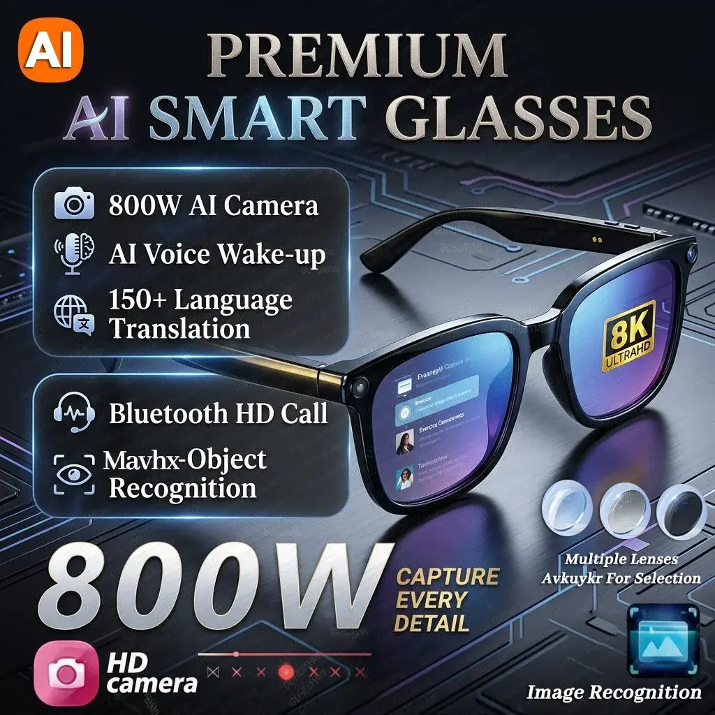 AI Smart Glasses with 8MP Camera, HD Video Recording & Photo, Real-Time Translation Glasses, Bluetooth Calls & Music Playback, AI Object Recognition, Touch Control, Wearable Camera Glasses for Travel Outdoor