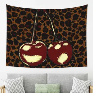 Cherry & Leopard Print Tapestry Wall Hanging - Premium Peach Light Beige Fabric, Horizontal Design for Living Room, Bedroom, Office & Party Decor - No Electricity Needed, Perfect Gift for Home & Festive Occasions, Wall Decorations for Home, Durable Fabric