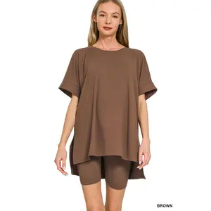 Zenana Full Size Brushed Dty Microfiber Round Neck Top and Biker Shorts Set Plus Size