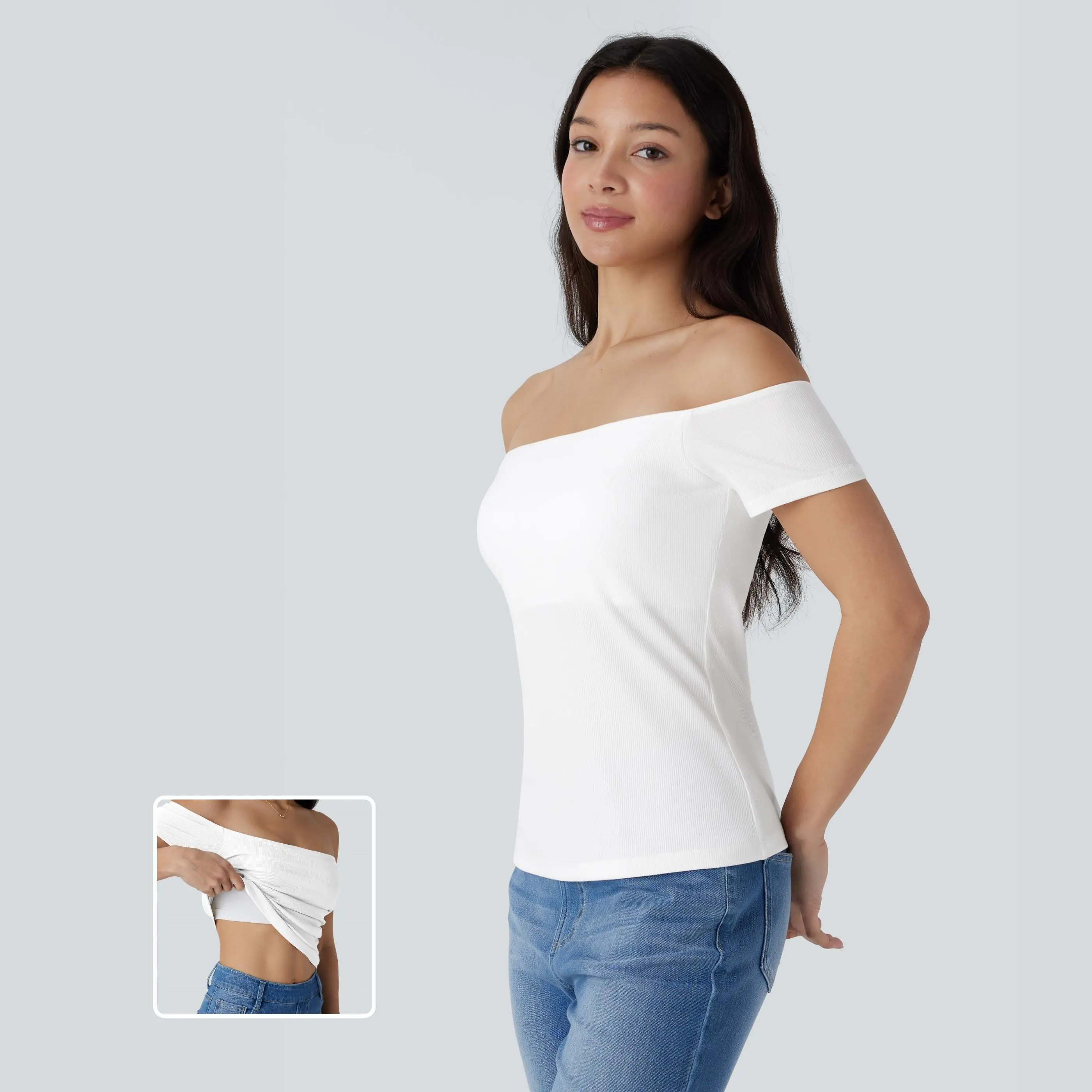 Halara Ribbed Knit Off Shoulder Short Sleeve Backless 2-in-1 Casual Top