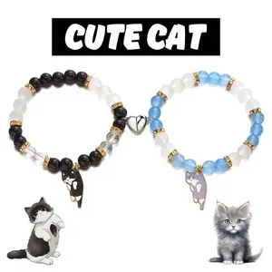 2PCS Magnetic Couple Bracelets – Heart Cat Pendant Matching Bracelets for Couples