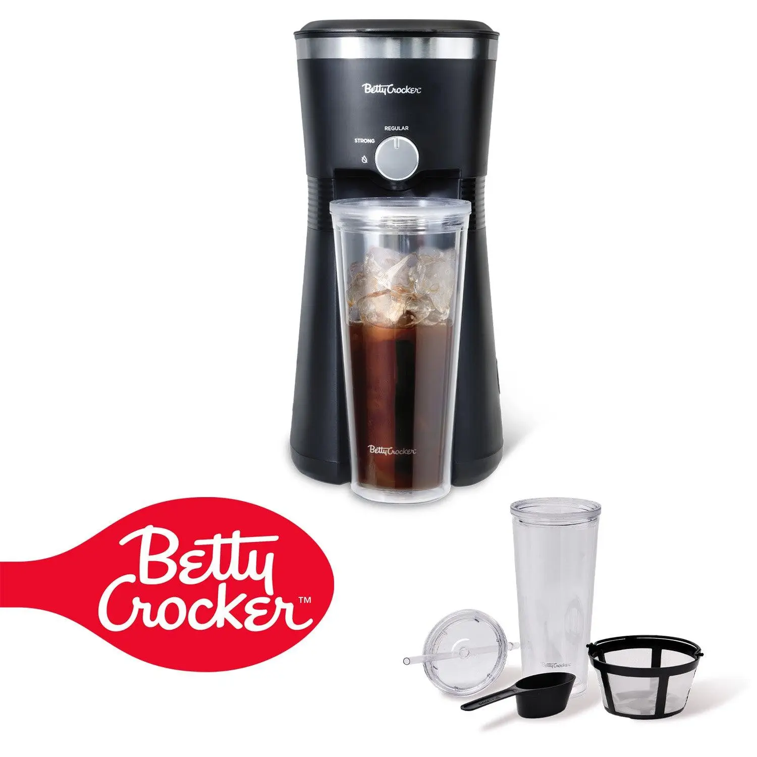 Betty Crocker Compact Size Kitchen Coffee Maker - Iced & Hot Brew, 4-Minute Brew Time, Small Footprint, Chrome Accents, Reusable Filter, BPA-Free 20 oz Tumbler, Straw, Portable Coffee Machine, BC-4869B, Black, Coffee Cup Filter