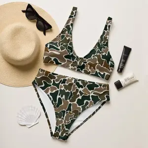Vintage Camo 2 Piece Swimsuit Set Women's Clothes, Fashion Bathing Suit with Camouflage Bikini & Trunks, Hunting Style Tropical Beachwear Set, Perfect for Summer Beach & Lake Days!