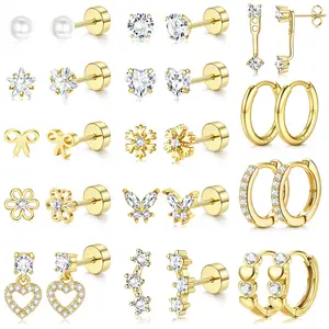 GANIA 14PCS hypoallergenic flat-back stud earrings set, with various unique stylesmadeofmedical-grade stainless steel specially designed for sensitive ears cute flat-back earrings setincluding small earrings and cartilage earringswhich canbe worn together