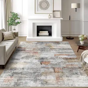 5x7 Area Rugs --Thin Washable Rug with Non-Slip Backing, for Living Room, Bedroom, Carpet -, Easy,, Low Pile Gray/Rust