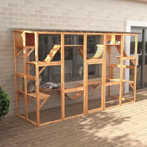 Catio Playground Cat Window Box Outside Enclosure for Multiple Cats w/ Shelves & Bridges Orange 118" L x 37.5" W x 74" H Weather-Resistant Solid Fir Wood