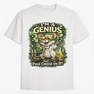 Funny Genius Mouse Graphic T Shirt Cheese Scientist Meme Casual Unisex Tee Menswear Nerdy Streetwear Tops