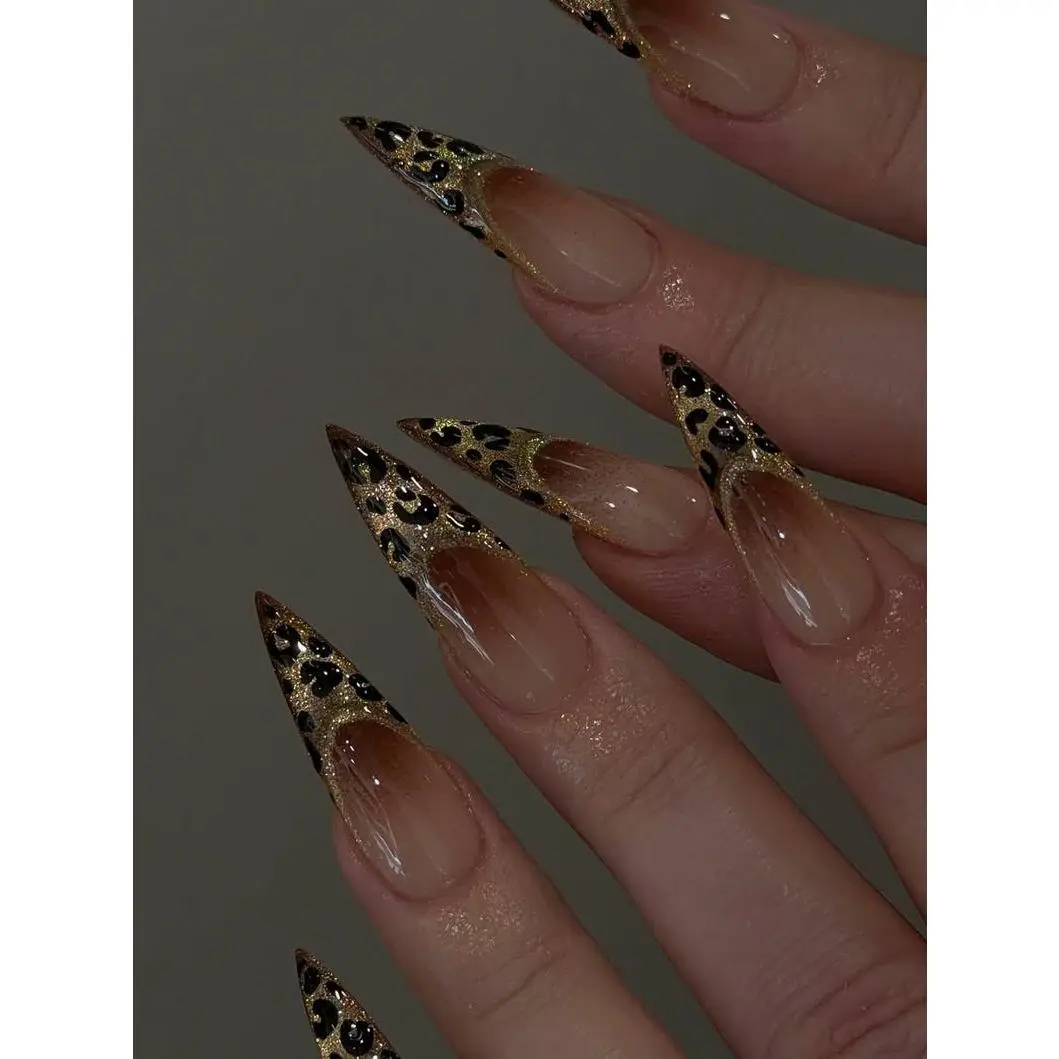 Luxury Gold Leopard French Tip Press On Nails Extra Long Stiletto  Handmade Glitter Animal Print False Nails  Reusable Acrylic Nail Set for Women, Party, Vacation & Everyday Glam