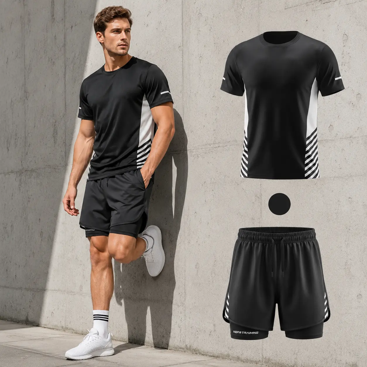 Men's 2-Piece Polyester Plain Athletic Gym Set - Lightweight Short-Sleeve T-Shirt, 2-in-1 Liner Shorts with Phone Pocket for Running Training