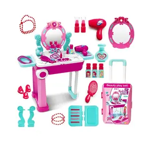 Kids Makeup Vanity Playset Suitcase – Pretend Beauty Salon Toy Set with Mirror, Rolling Travel Case for Girls