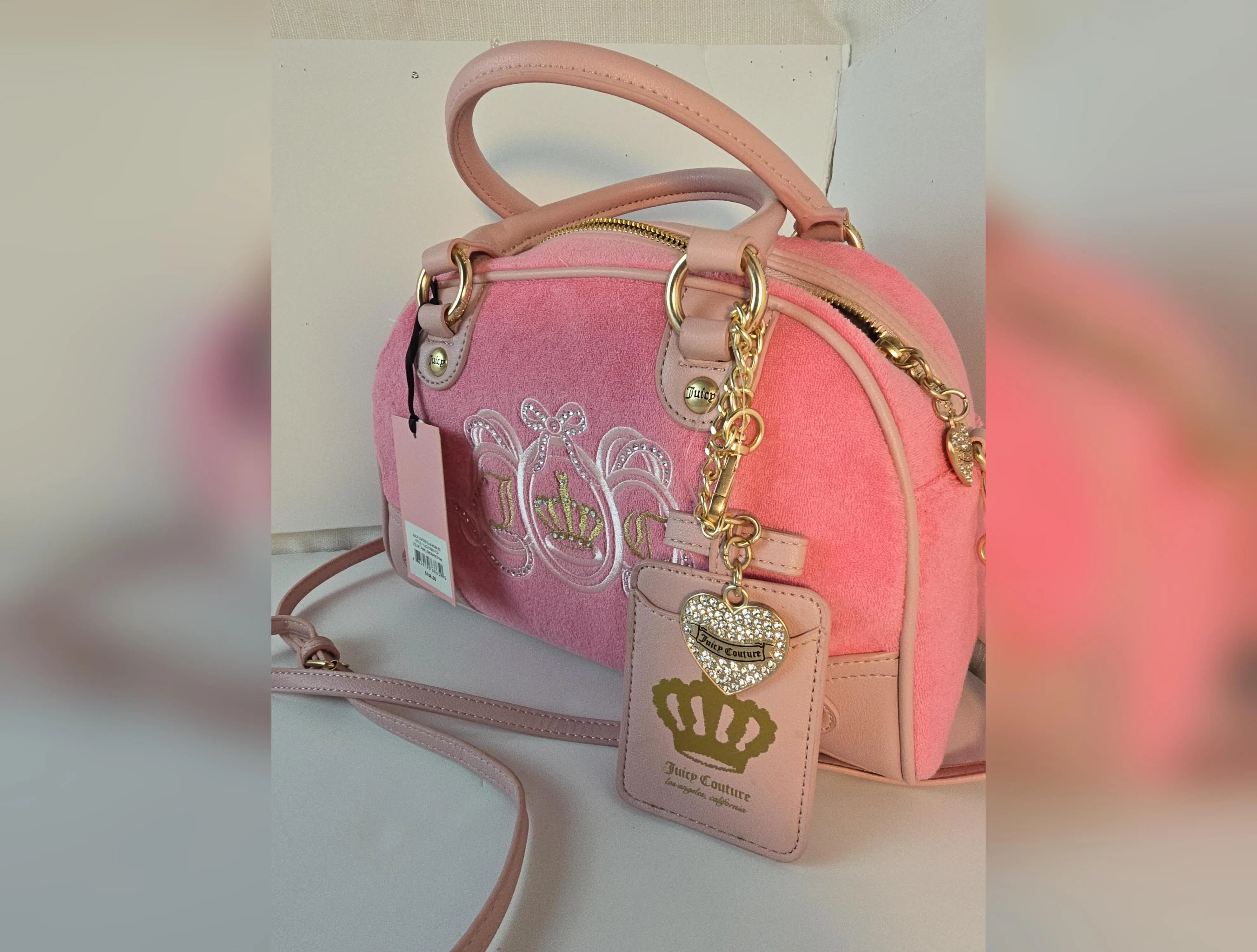Juicy Couture Pink Dome Satchel – Crown Embroidered Velvet Handbag